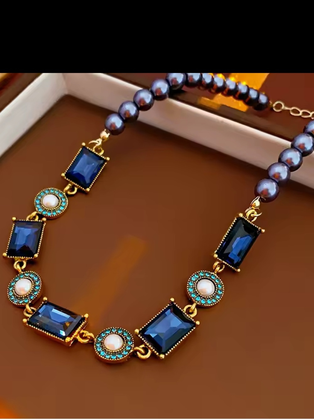 Blue Crystal Pearl Necklace & Earring Set - Picture 5 of 14
